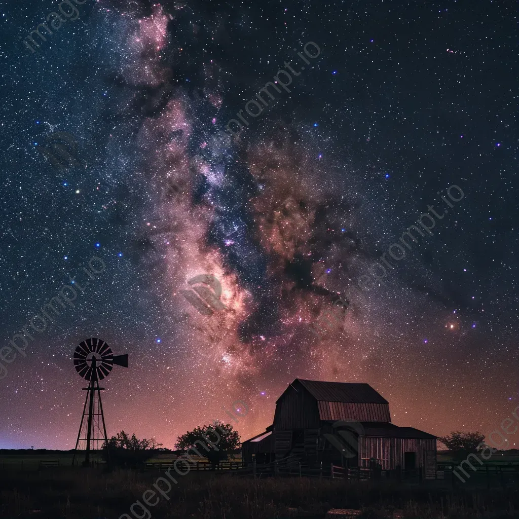 Milky Way galaxy over peaceful farm with barn and windmill - Image 1