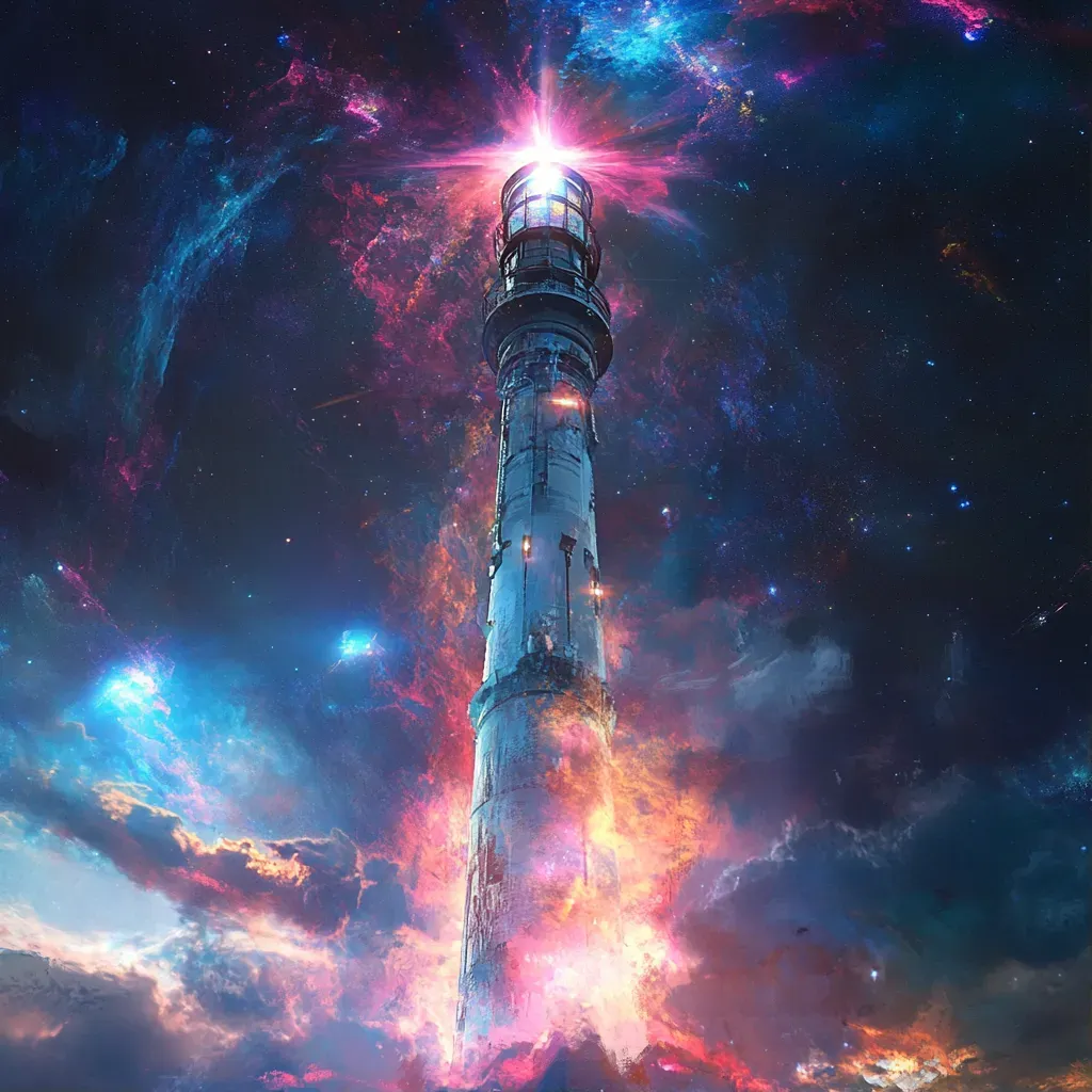 Futuristic digital art of galactic lighthouse guiding starships through the cosmic darkness - Image 1