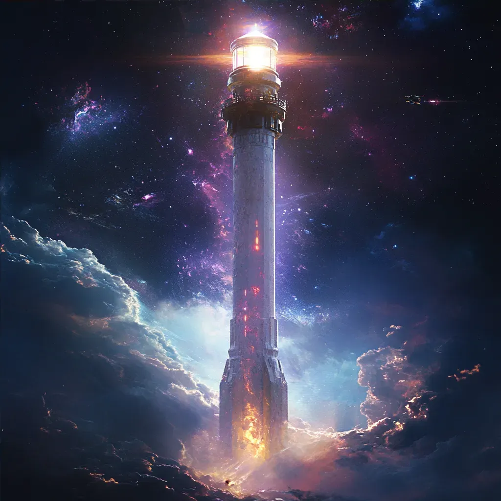 Futuristic digital art of galactic lighthouse guiding starships through the cosmic darkness - Image 4