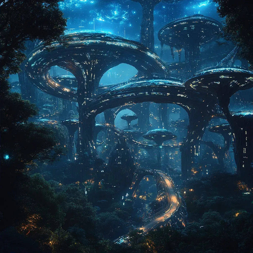 Artwork of a glowing, futuristic cyber city under a bioluminescent night sky - Image 2