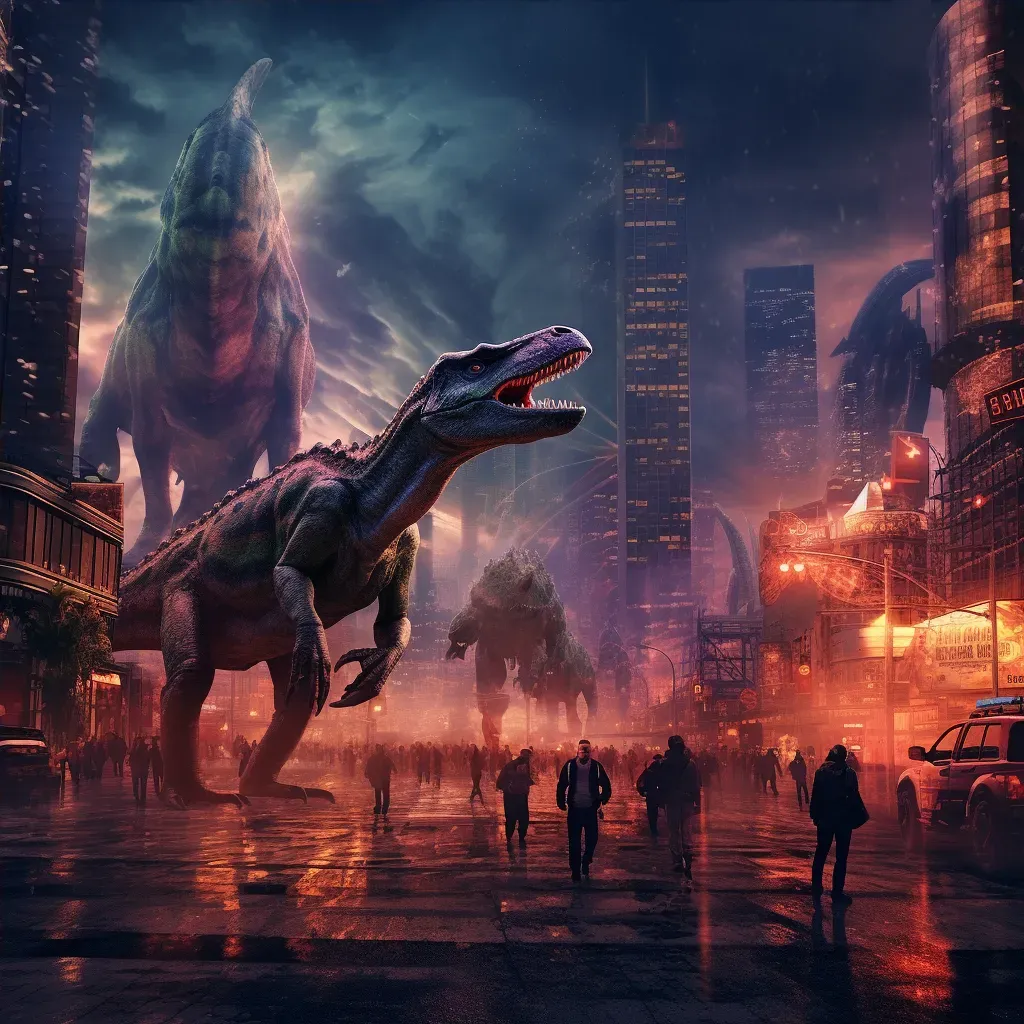 Cityscape featuring humans, dinosaurs, and skyscrapers - Image 4