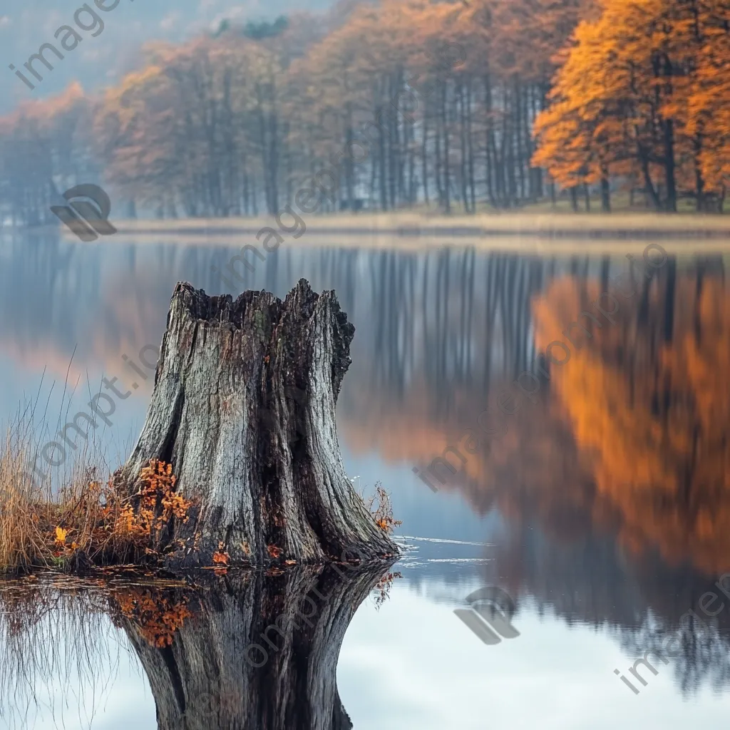 Ancient tree stump beside a calm lake reflecting autumn colors - Image 1