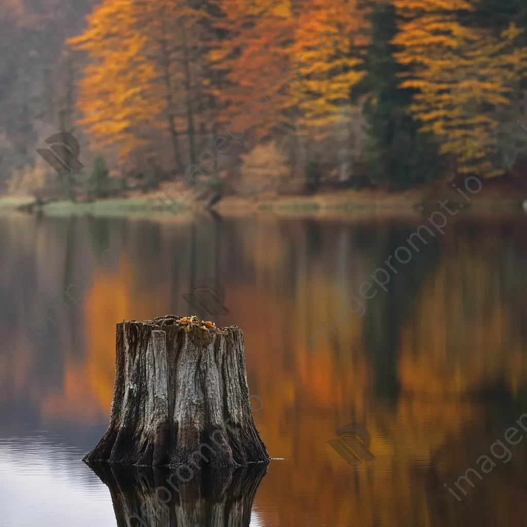 Ancient tree stump beside a calm lake reflecting autumn colors - Image 2