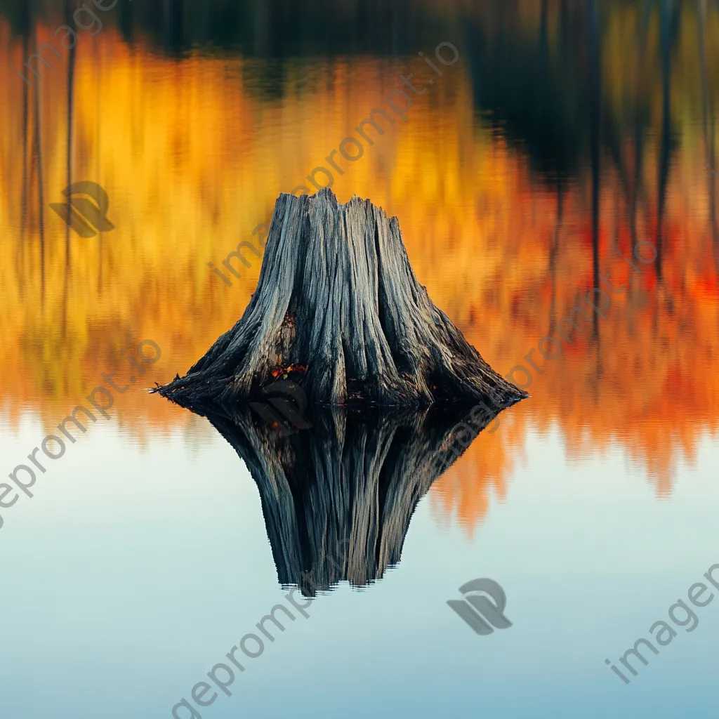 Ancient tree stump beside a calm lake reflecting autumn colors - Image 3