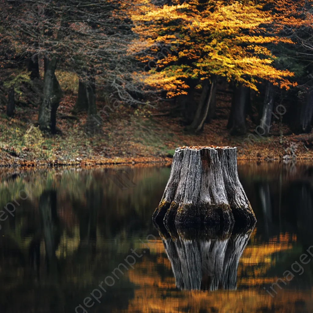 Ancient tree stump beside a calm lake reflecting autumn colors - Image 4