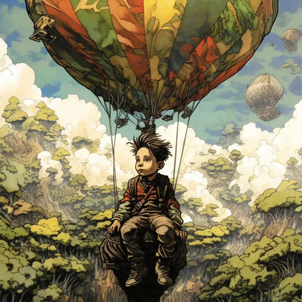 Young boy in a balloon soaring above patchwork landscape of fields and forests - Image 1