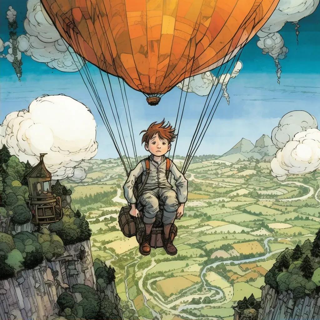 Young boy in a balloon soaring above patchwork landscape of fields and forests - Image 2