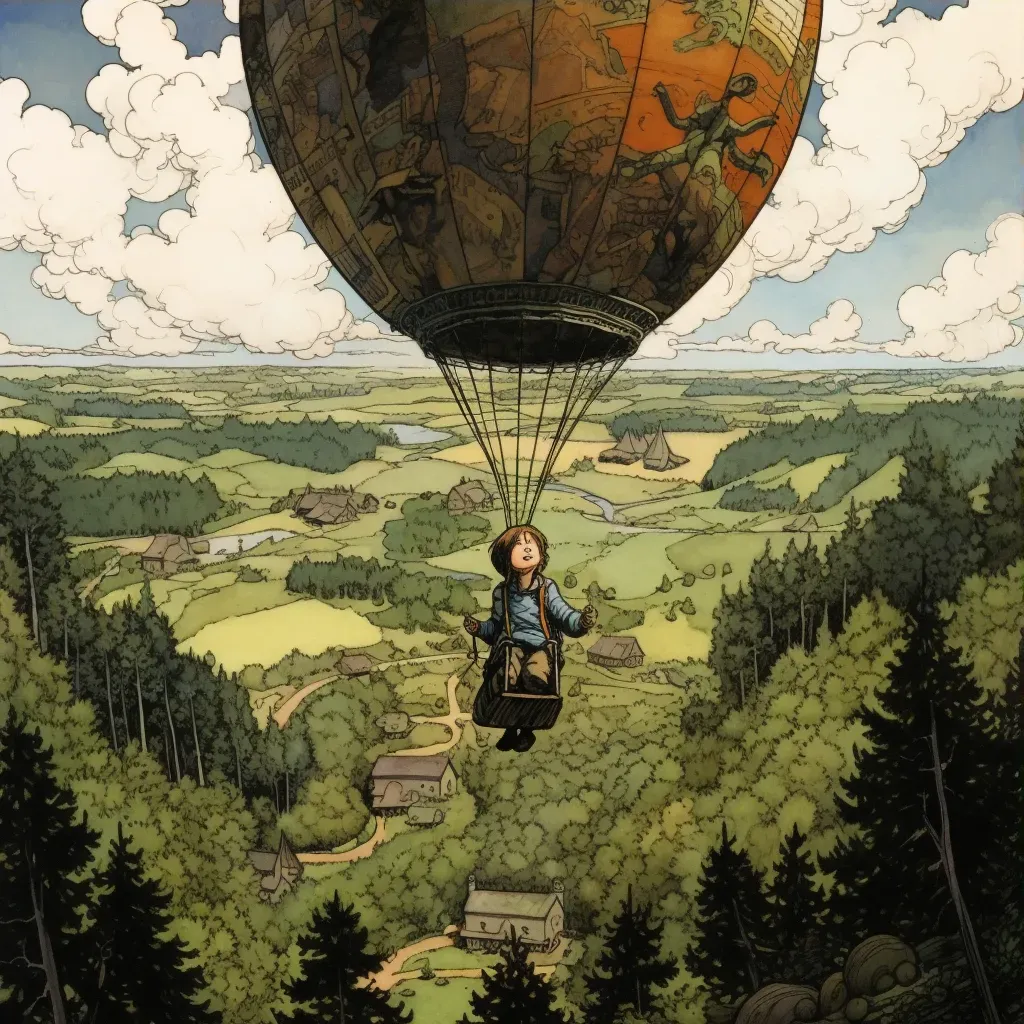 Young boy in a balloon soaring above patchwork landscape of fields and forests - Image 3