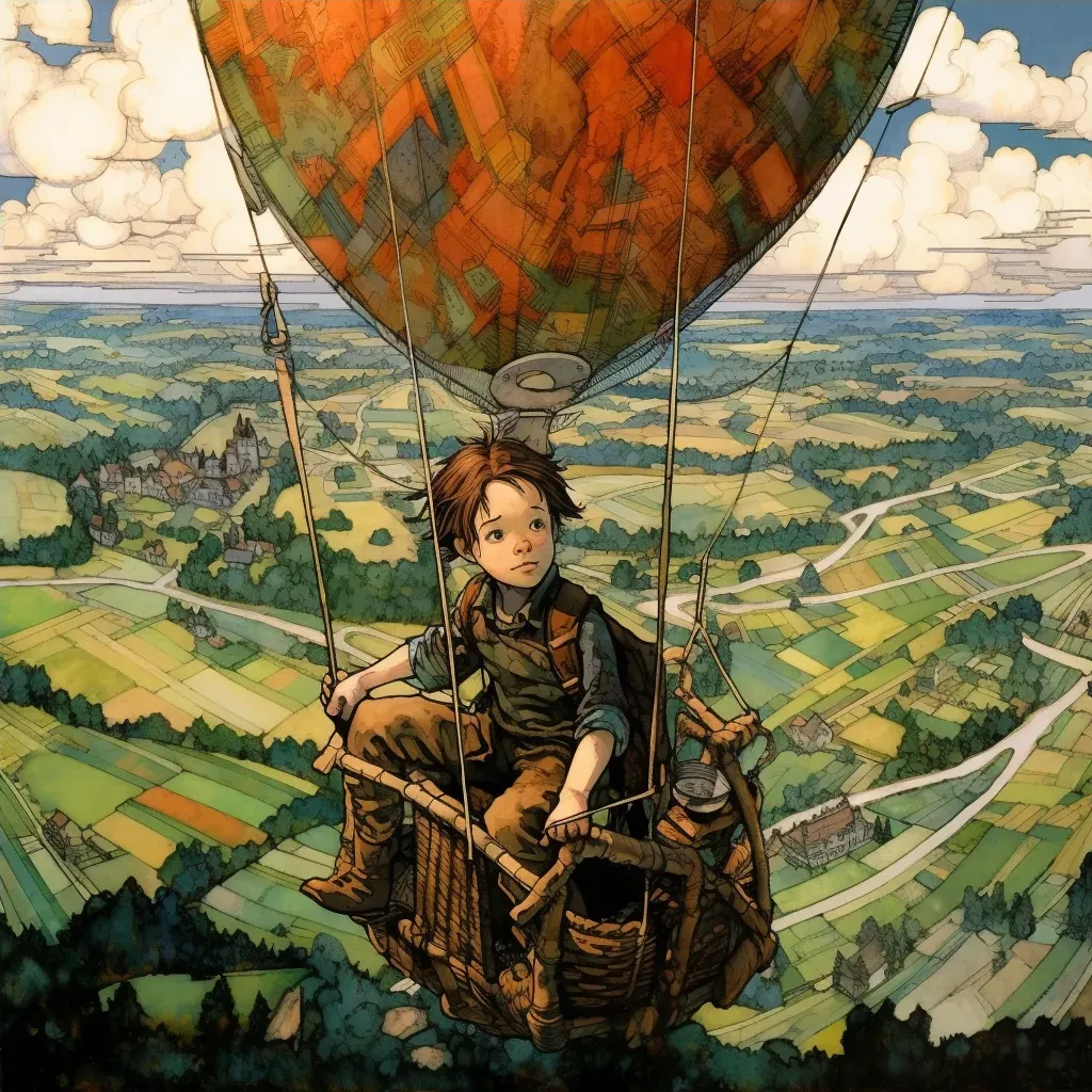 Young boy in a balloon soaring above patchwork landscape of fields and forests - Image 4