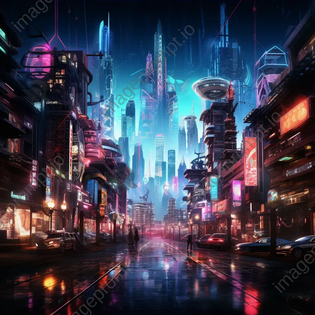 Neon-lit alien cityscape reflecting elements of cyberpunk aesthetic and futurism - Image 3