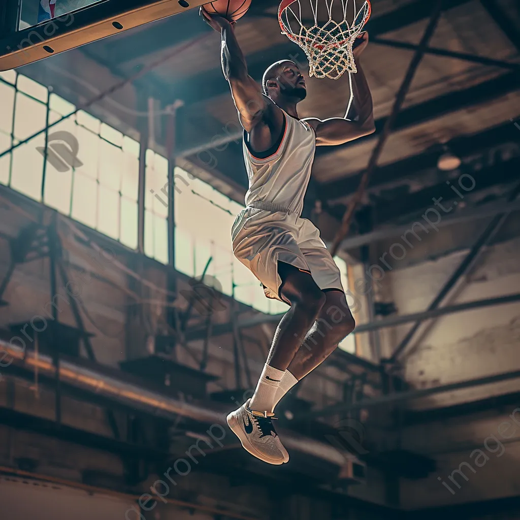 Basketball player performing a slam dunk mid-air. - Image 1