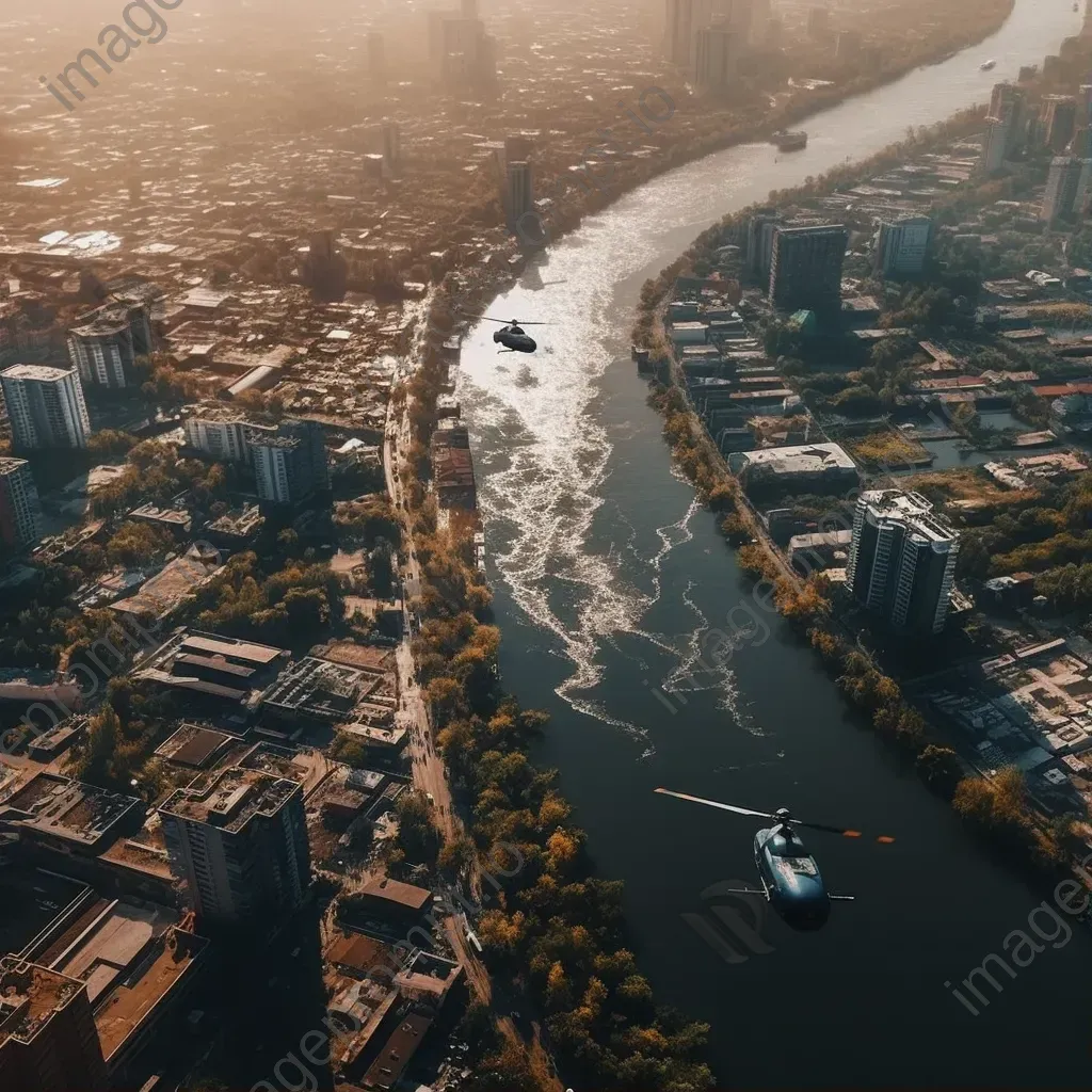 Urban river aerial view with helicopters transporting goods, cityscape scene - Image 1