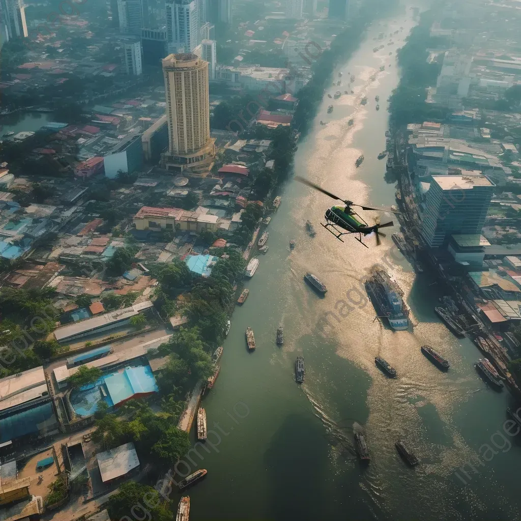 Urban river aerial view with helicopters transporting goods, cityscape scene - Image 2