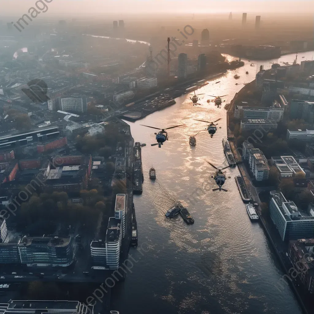 Urban river aerial view with helicopters transporting goods, cityscape scene - Image 3