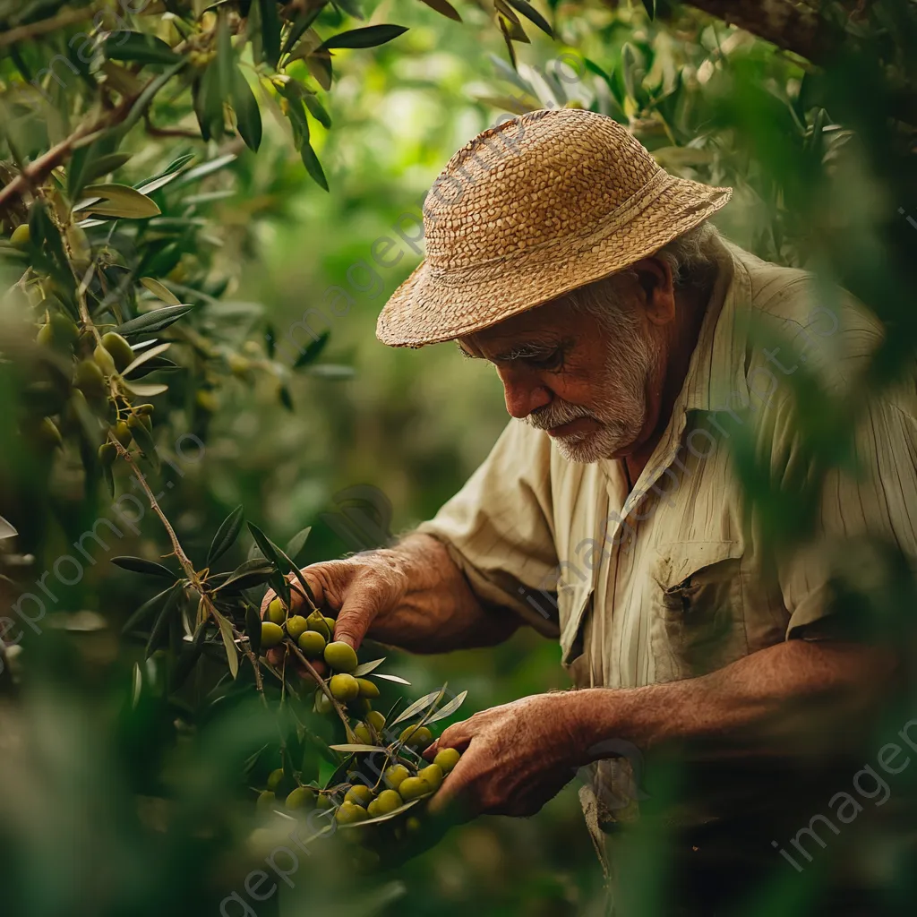 Elderly farmer hand-picking olives in a lush Mediterranean orchard. - Image 1