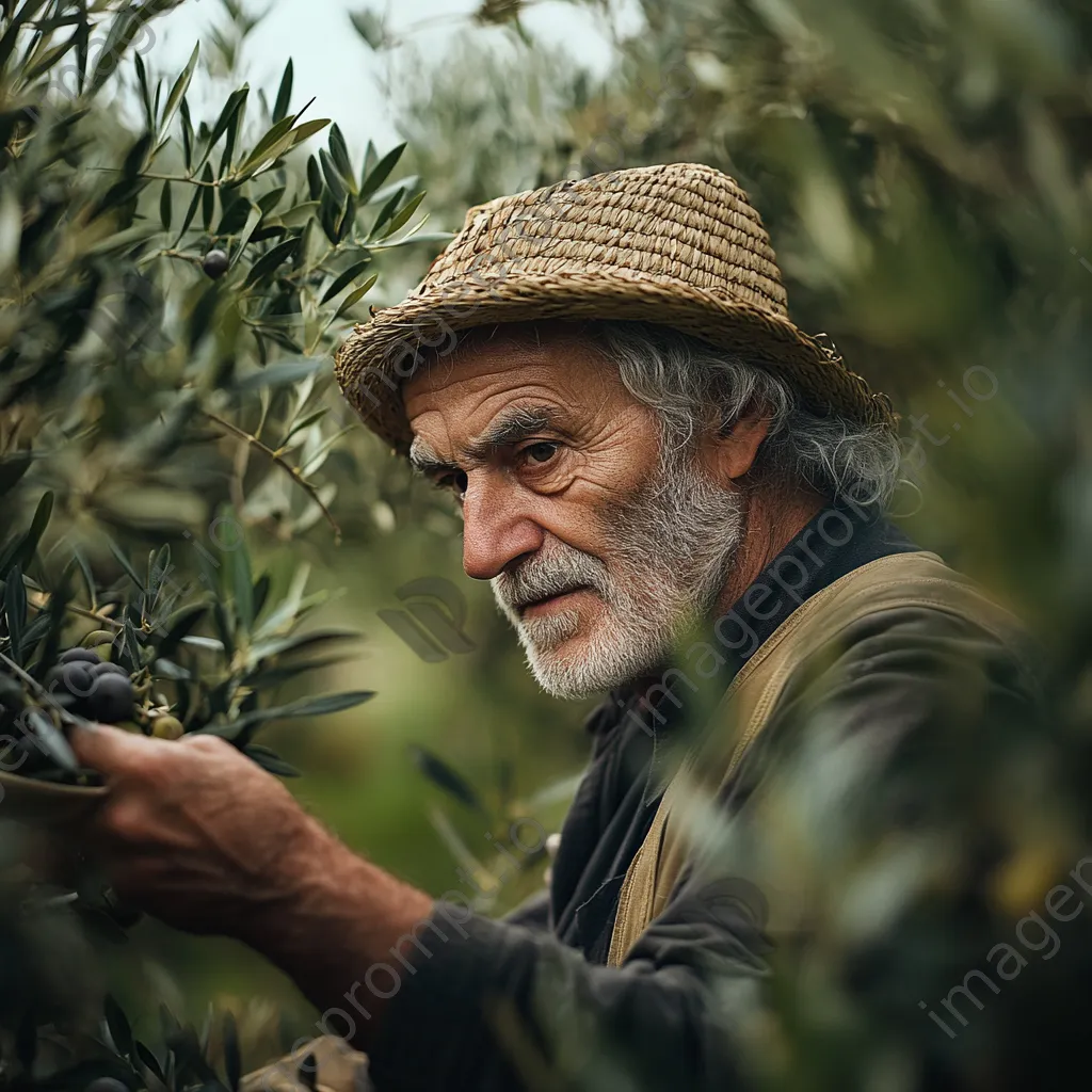 Elderly farmer hand-picking olives in a lush Mediterranean orchard. - Image 3