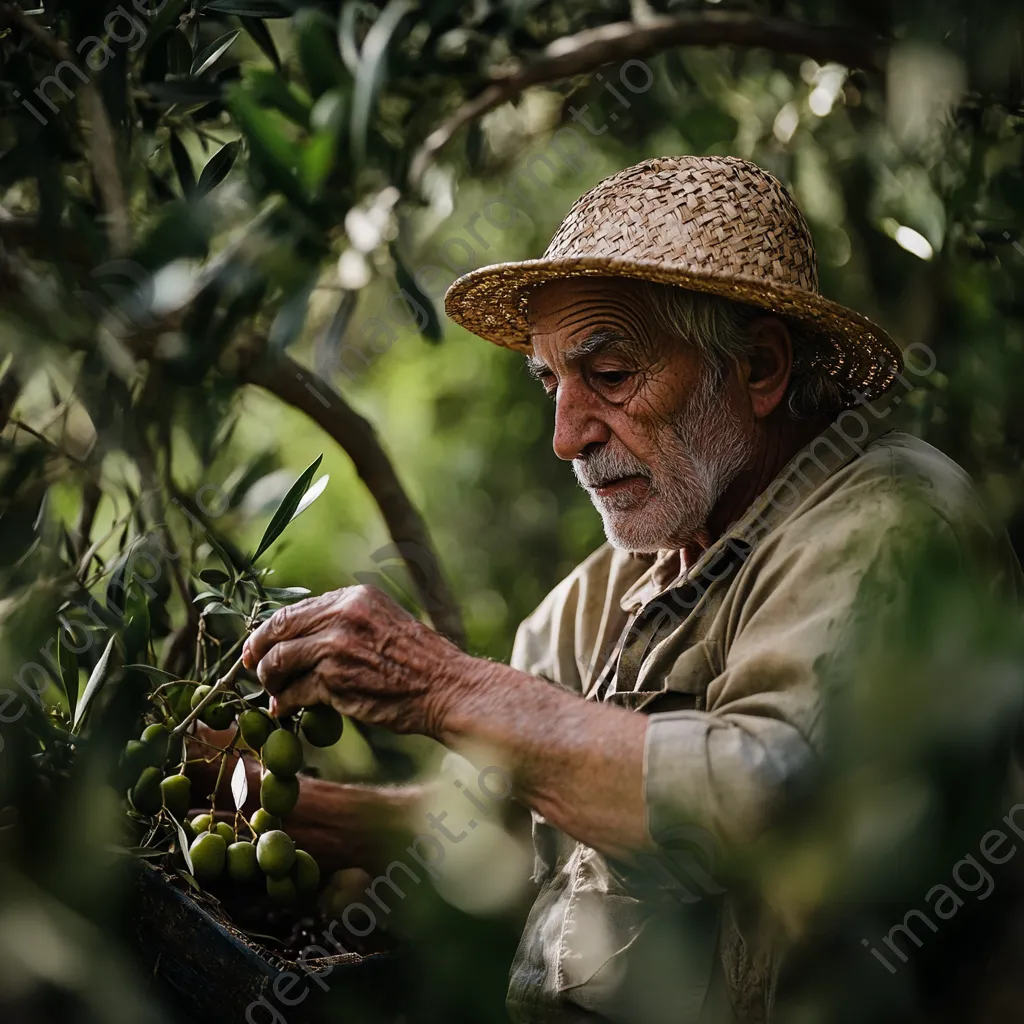 Elderly farmer hand-picking olives in a lush Mediterranean orchard. - Image 4