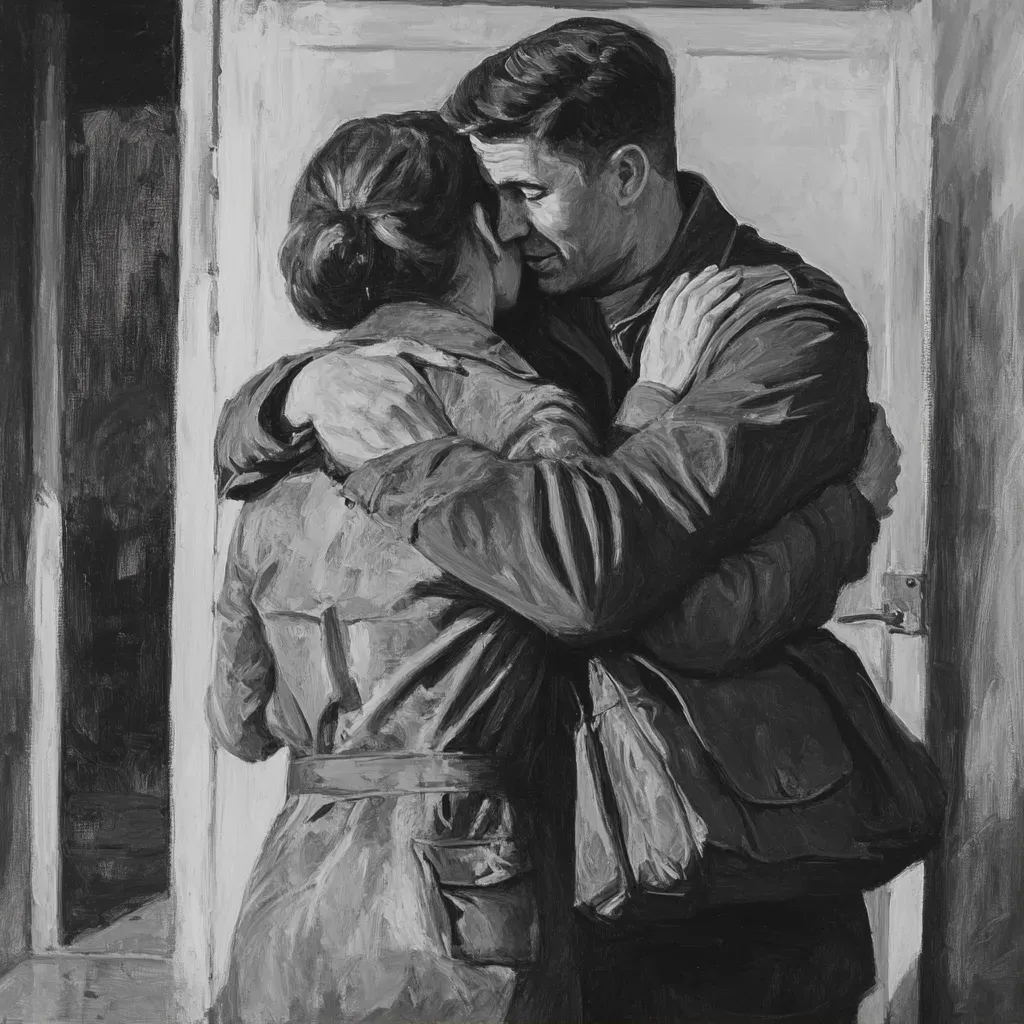 Grayscale oil painting of a 1940s war-time homecoming scene - Image 1