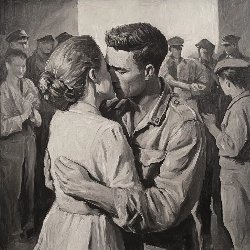 Grayscale oil painting of a 1940s war-time homecoming scene - Image 3