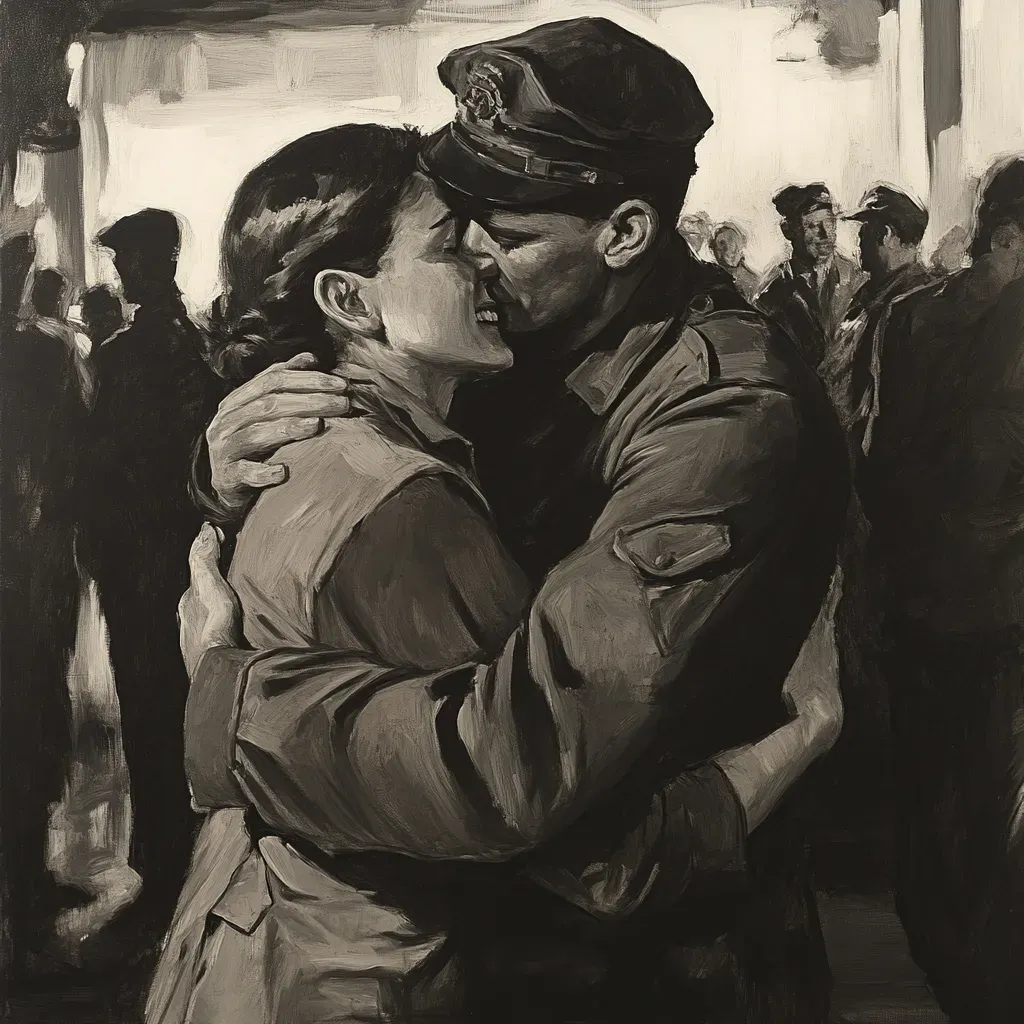 Grayscale oil painting of a 1940s war-time homecoming scene - Image 4