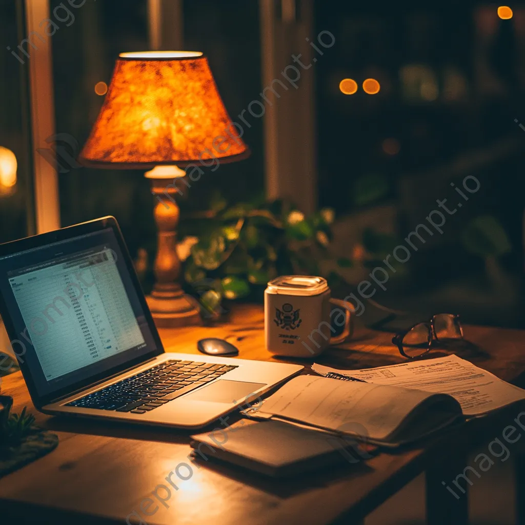 Warm-lit travel planning scene with a laptop and notebook. - Image 2