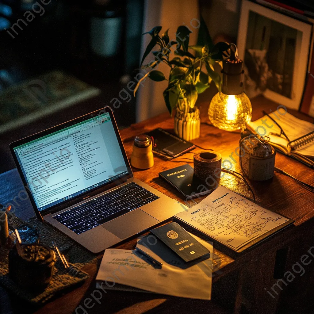 Warm-lit travel planning scene with a laptop and notebook. - Image 3