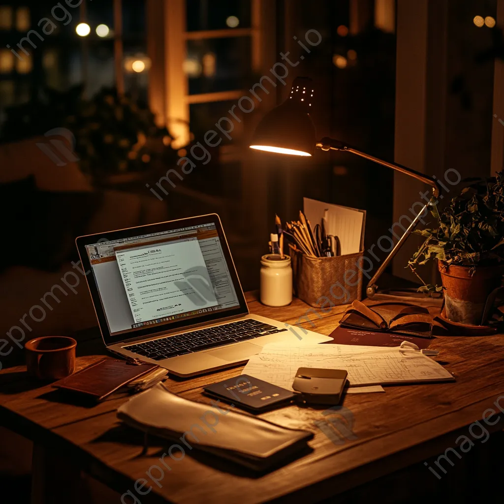 Warm-lit travel planning scene with a laptop and notebook. - Image 4