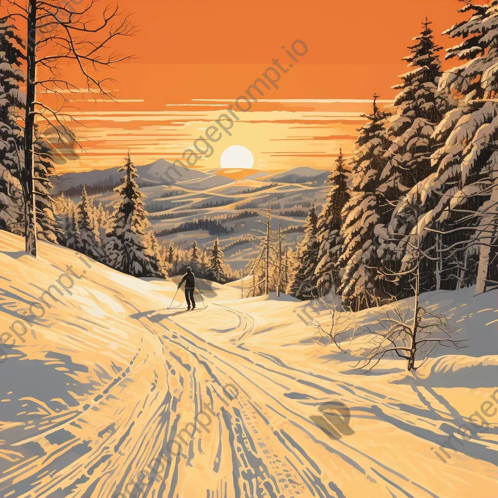 Winter skiing scene illustrated in woodcut print style - Image 1