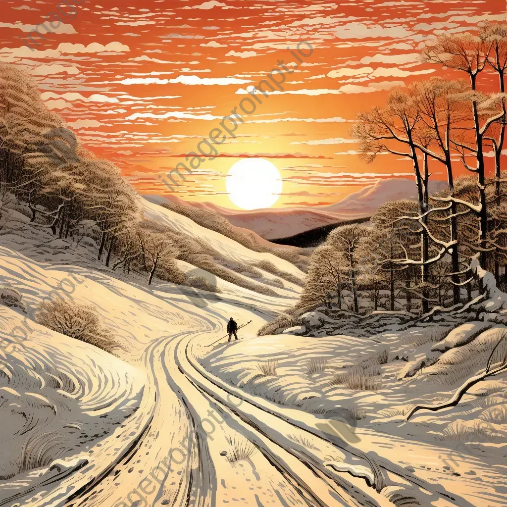 Winter skiing scene illustrated in woodcut print style - Image 3