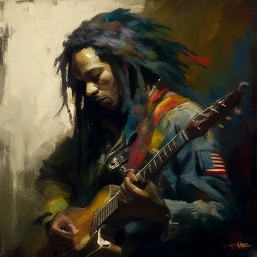 Vibrant portrayal of a musician playing guitar with a flag - Image 1