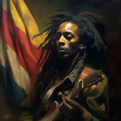 Vibrant portrayal of a musician playing guitar with a flag - Image 2