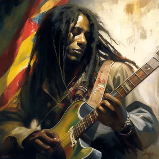 Vibrant portrayal of a musician playing guitar with a flag - Image 3