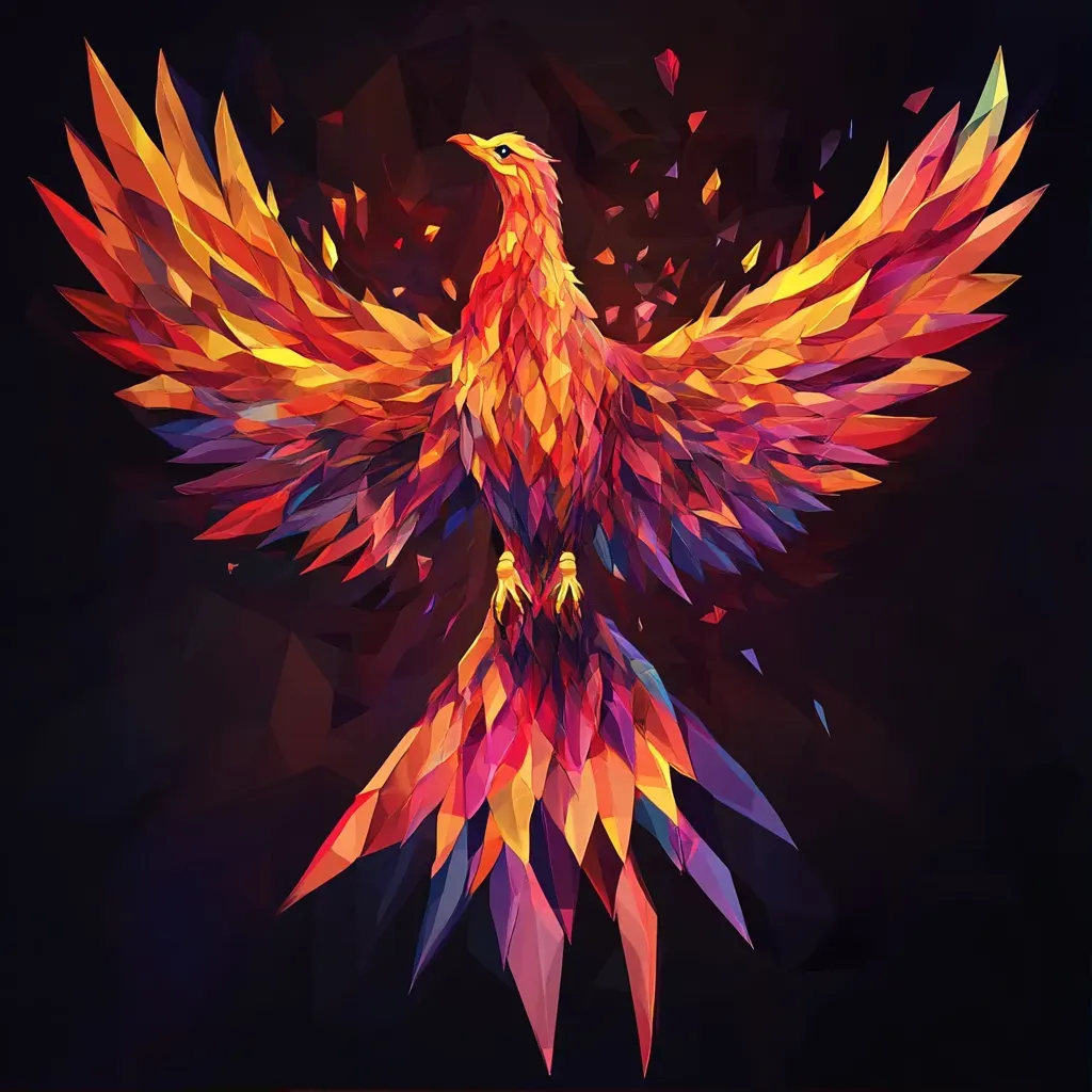 Low poly rendition of a Phoenix rebirth in brilliant flame colors - Image 1