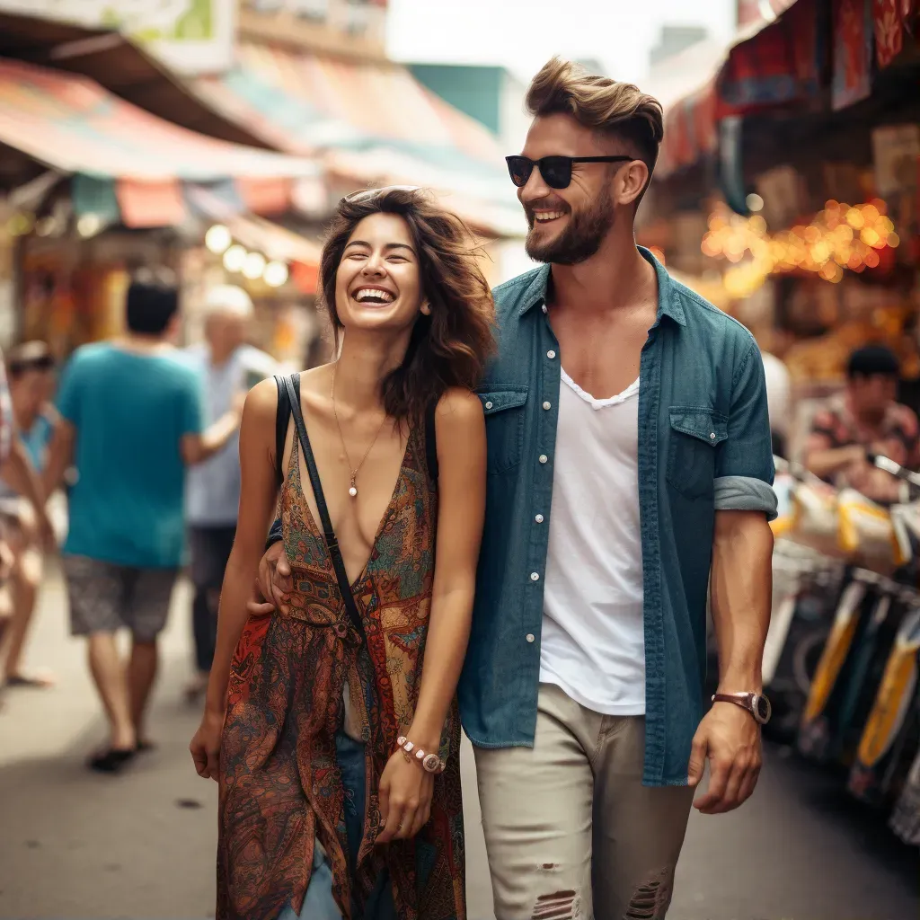 Stylish couple in trendy street style at city market - Image 1