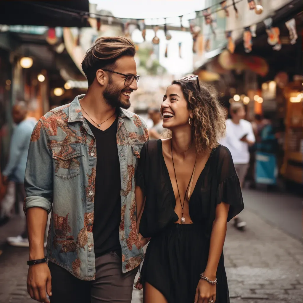 Stylish couple in trendy street style at city market - Image 3