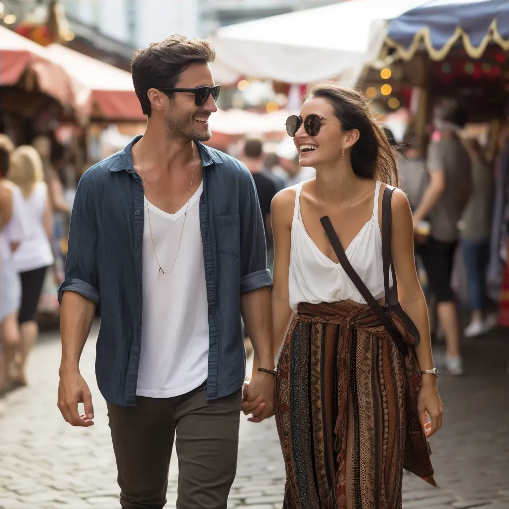 Stylish couple in trendy street style at city market - Image 4