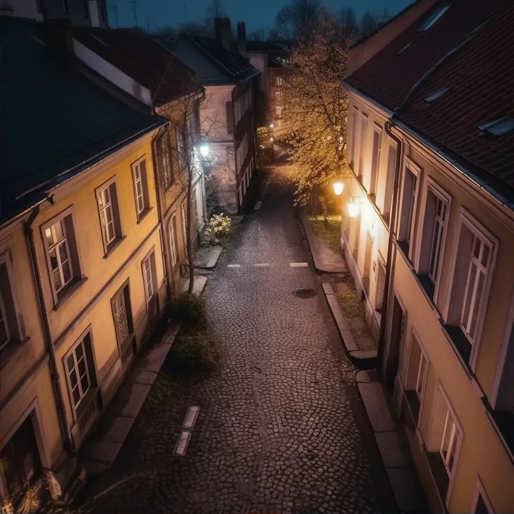 Magical city alley with antique gas lamps and distant city lights at night - Image 2