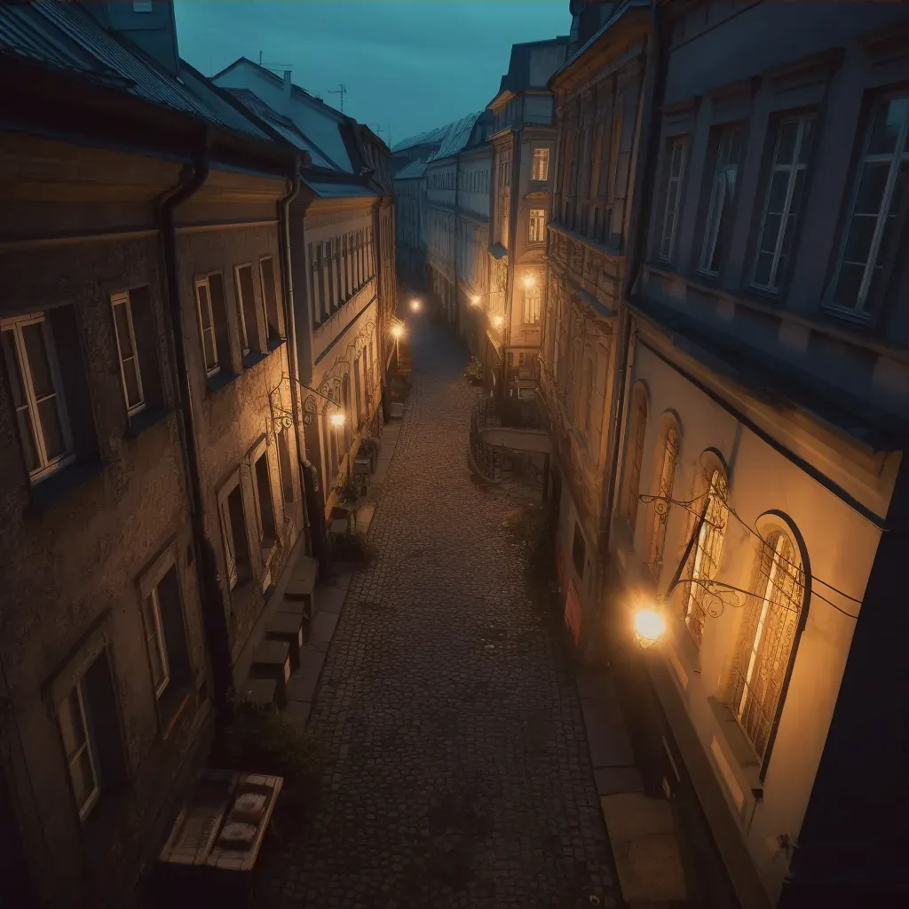 Magical city alley with antique gas lamps and distant city lights at night - Image 3