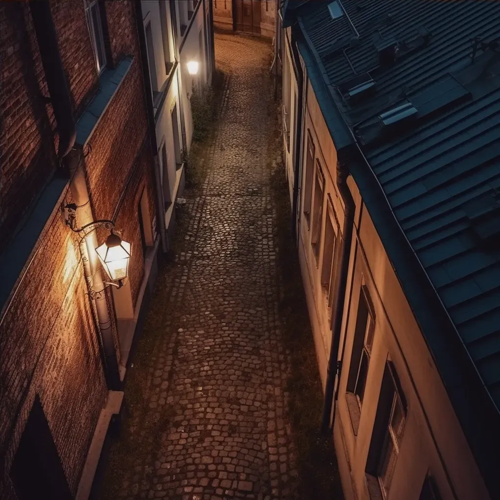 Magical city alley with antique gas lamps and distant city lights at night - Image 4