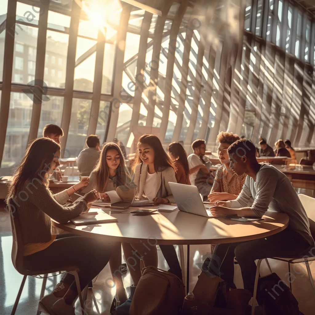 Diverse group of students working collaboratively in a university library. - Image 1