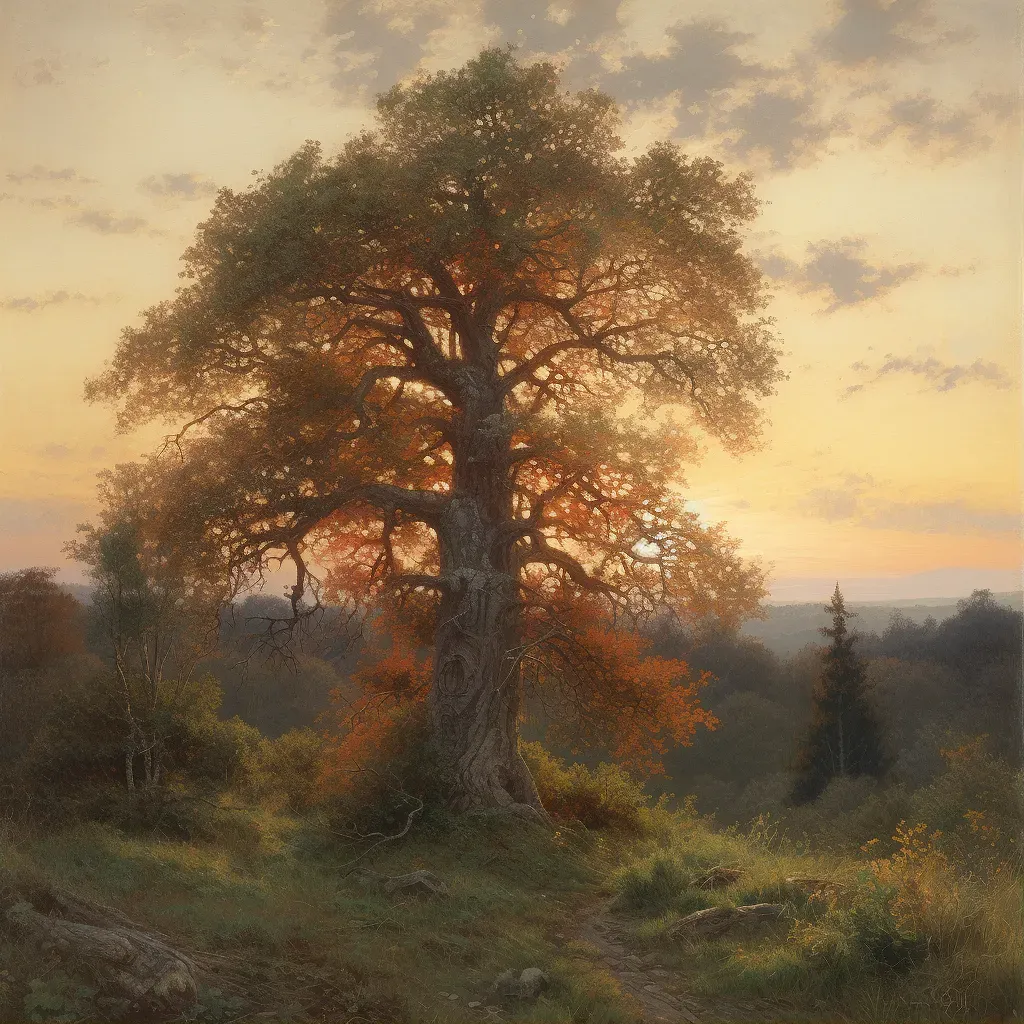 Picture of a mature oak tree standing next to a sapling in a peaceful forest at sunset - Image 1