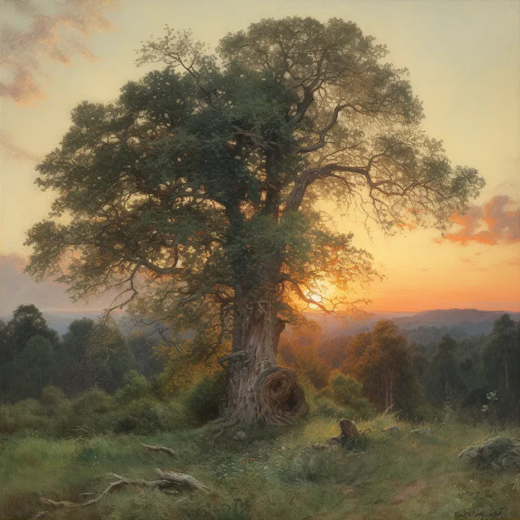 Picture of a mature oak tree standing next to a sapling in a peaceful forest at sunset - Image 2