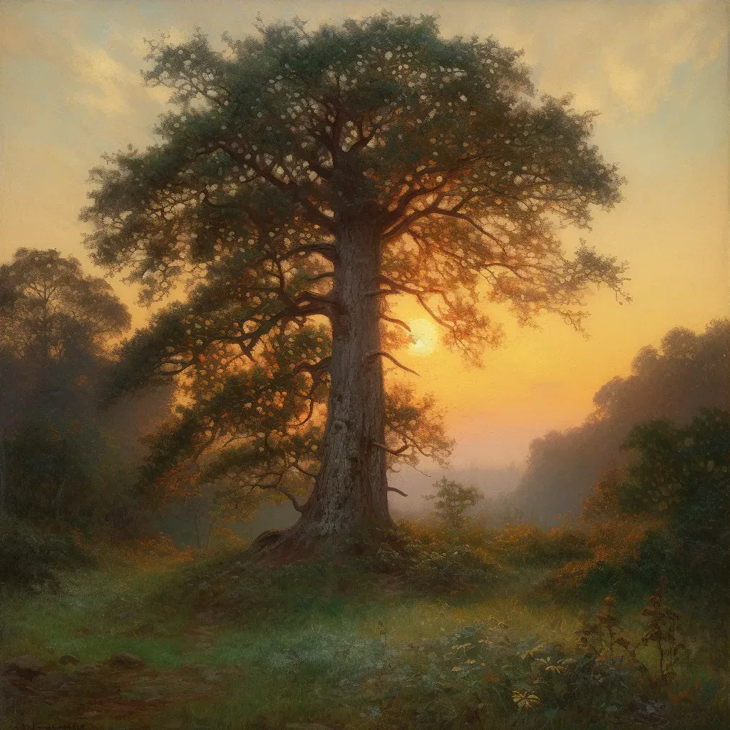 Picture of a mature oak tree standing next to a sapling in a peaceful forest at sunset - Image 3