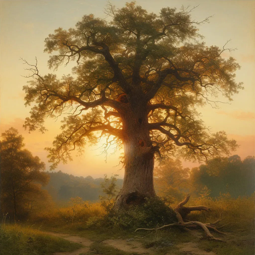 Picture of a mature oak tree standing next to a sapling in a peaceful forest at sunset - Image 4