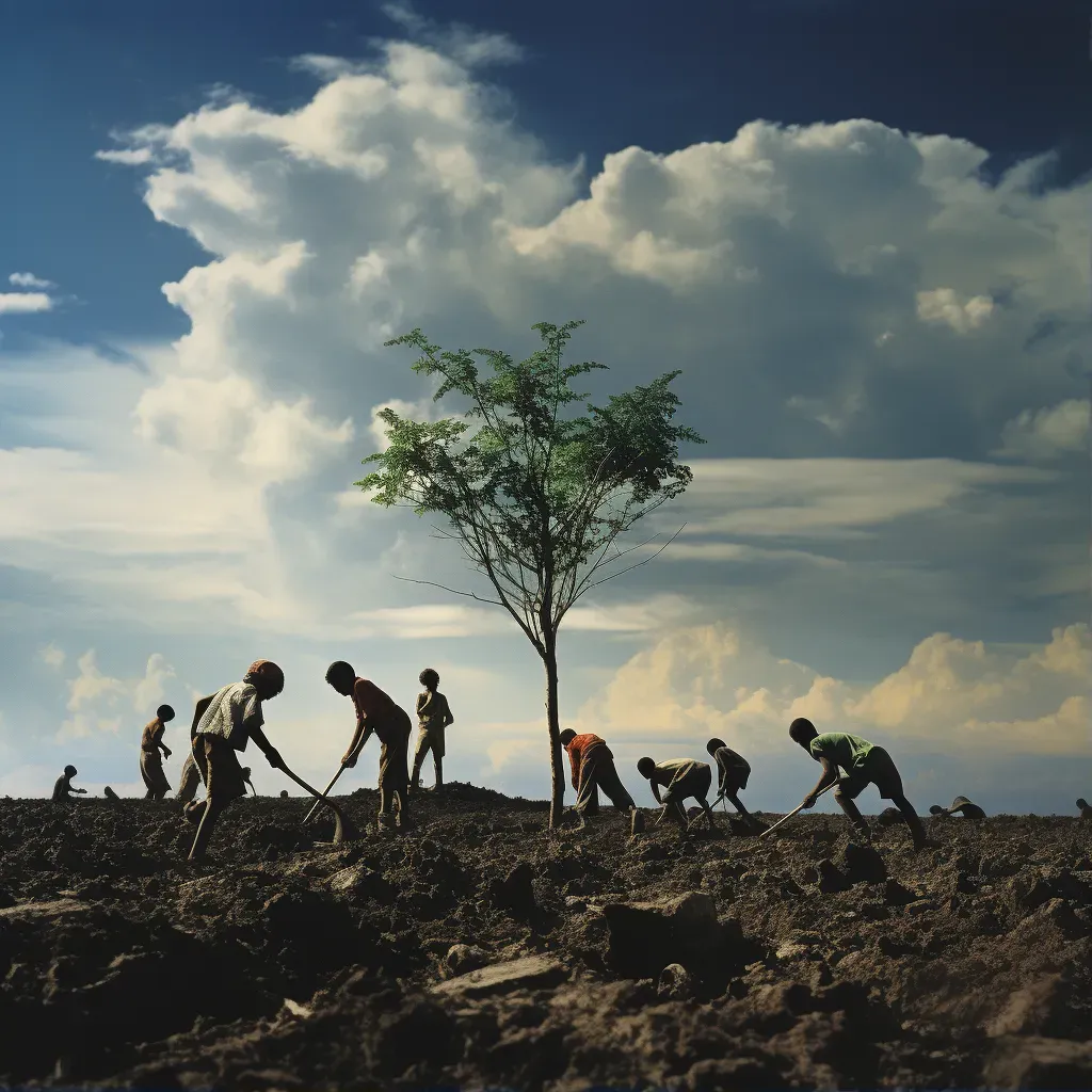 Children planting trees in a deforested area under a hopeful sky - Image 1