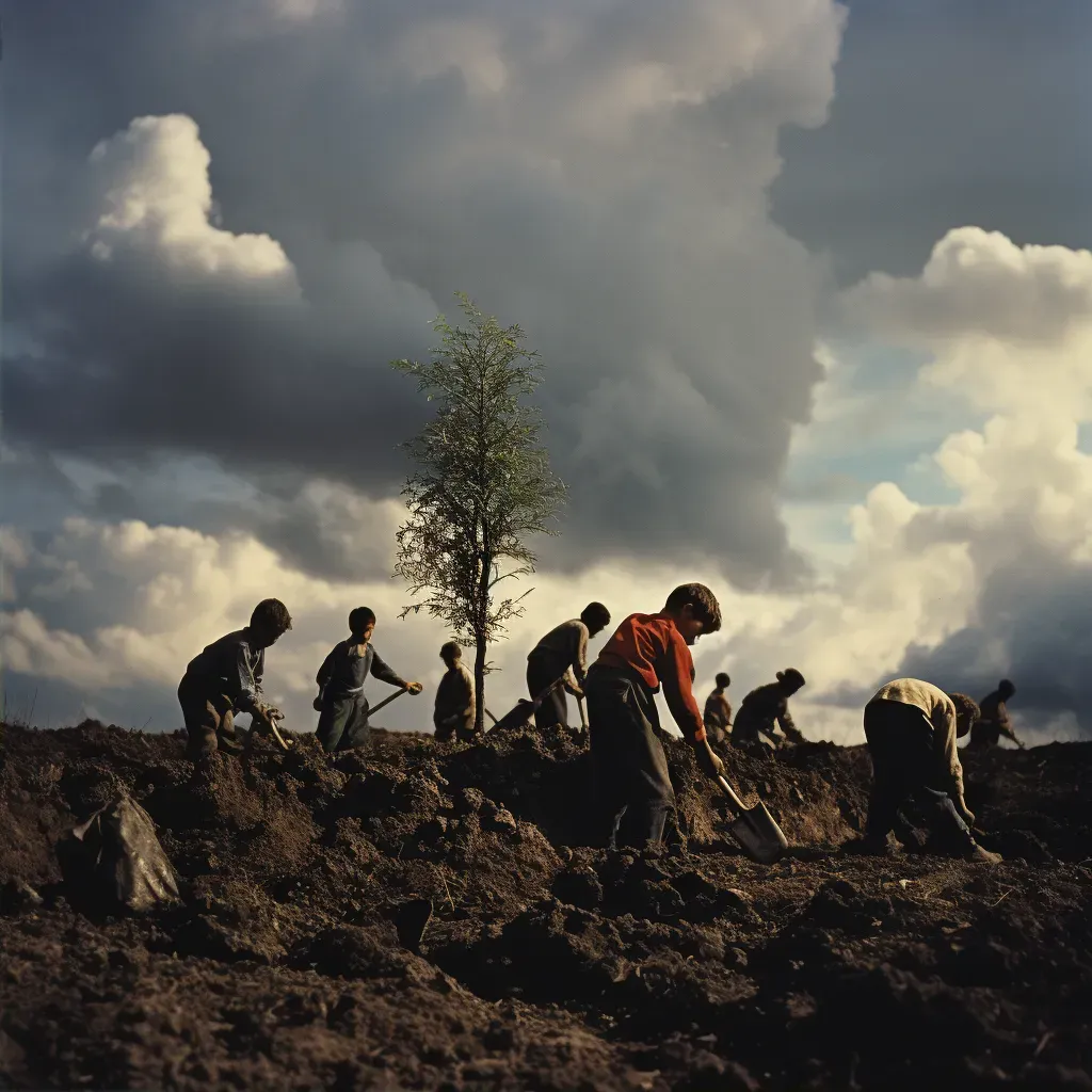 Children planting trees in a deforested area under a hopeful sky - Image 2