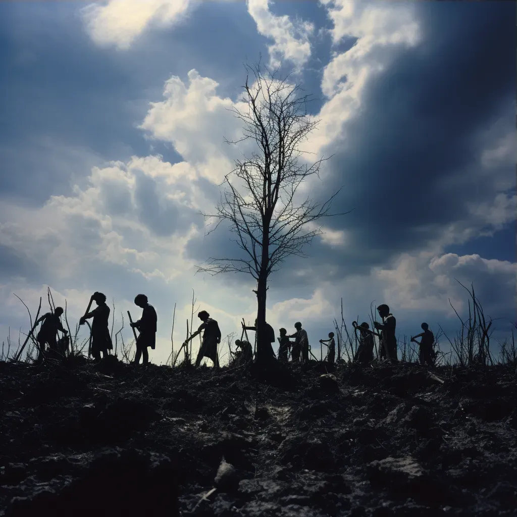 Children planting trees in a deforested area under a hopeful sky - Image 3