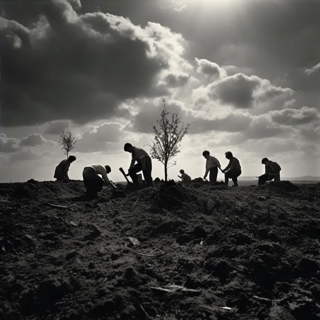 Children planting trees in a deforested area under a hopeful sky - Image 4