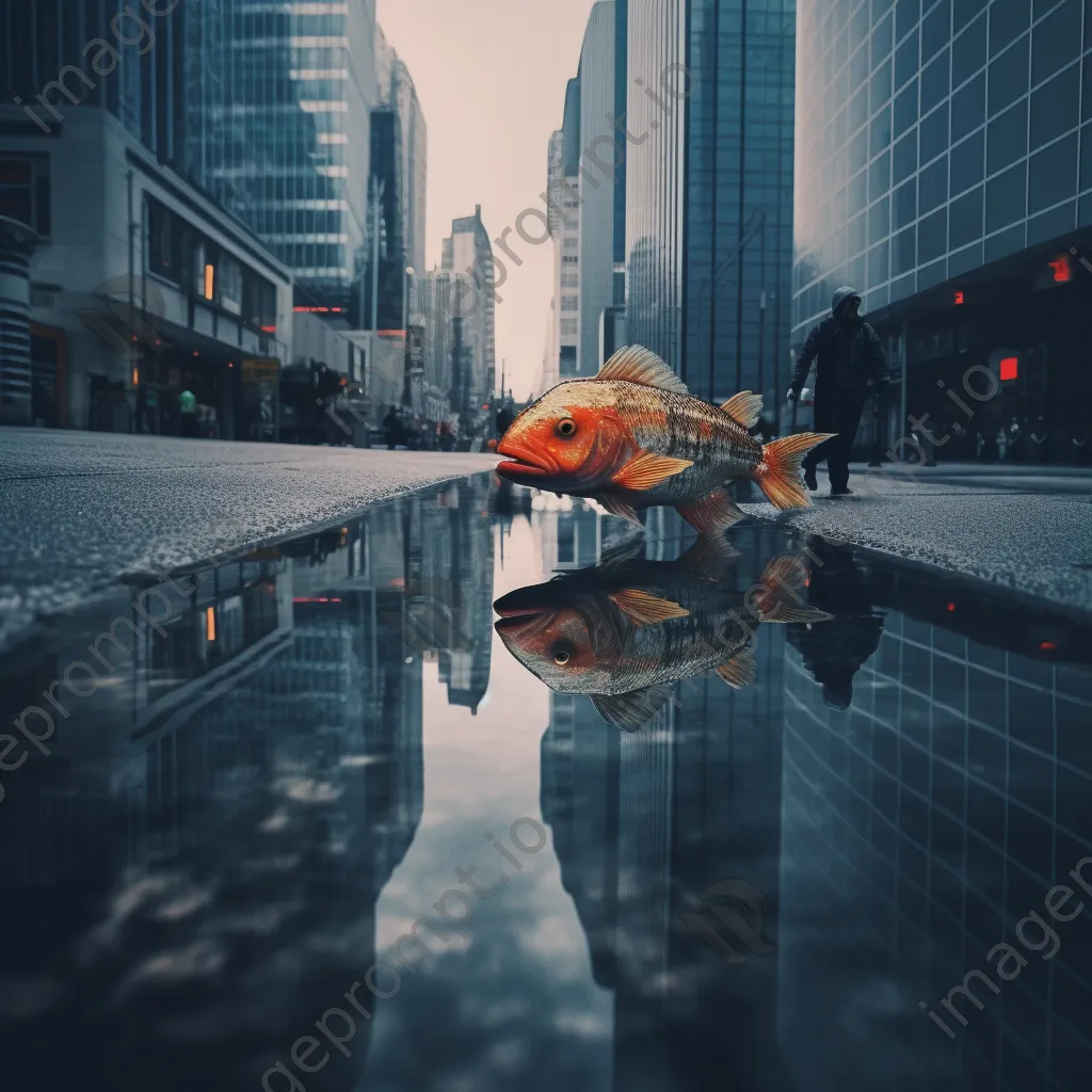 An enormous fish swimming down a wet city street with built skyscrapers surrounding it. - Image 1