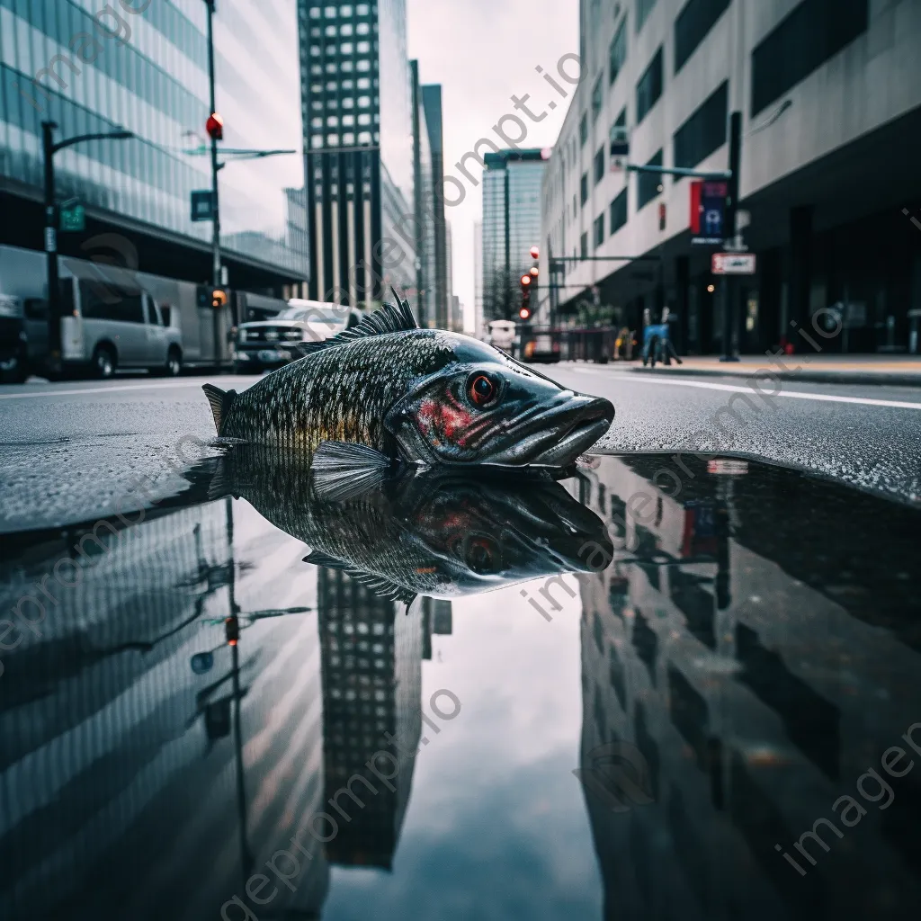 An enormous fish swimming down a wet city street with built skyscrapers surrounding it. - Image 2